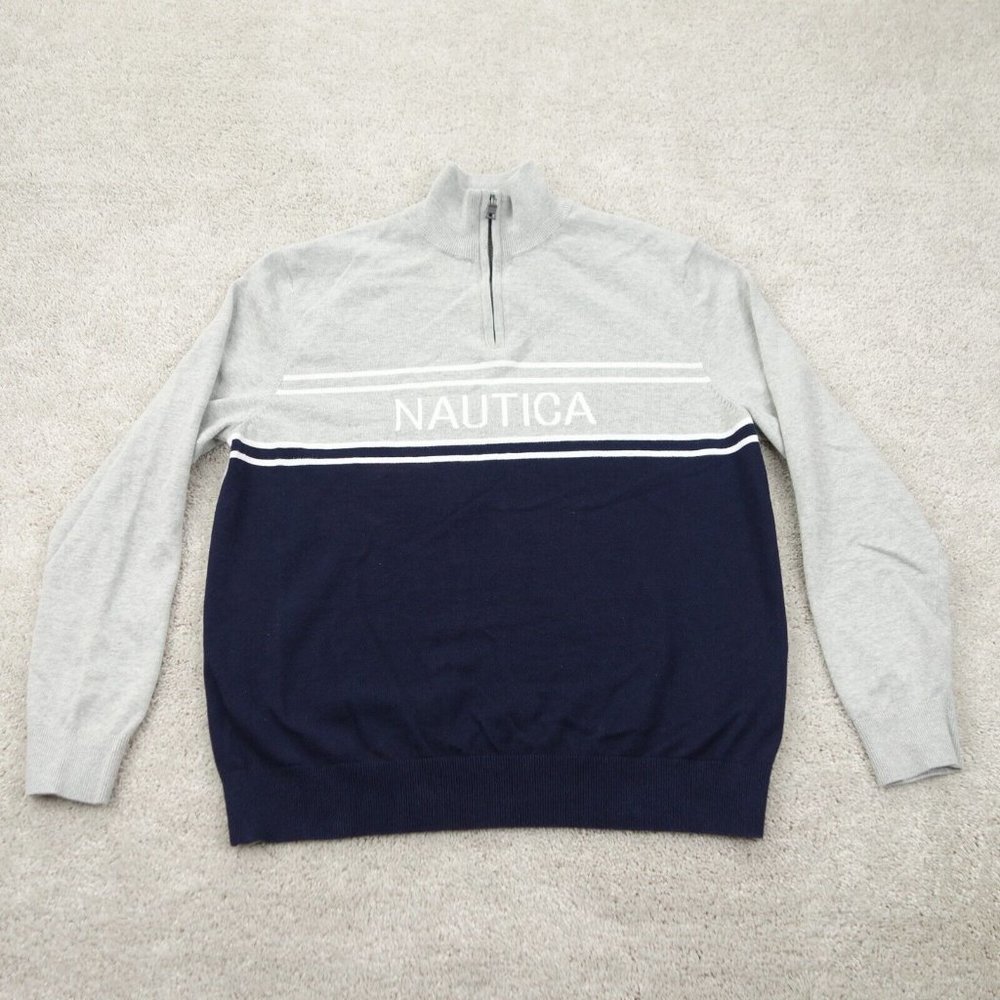 Nautica Sweater Mens Large Gray Blue Cotton Long Sleeve 1/4 Zip Mock Neck